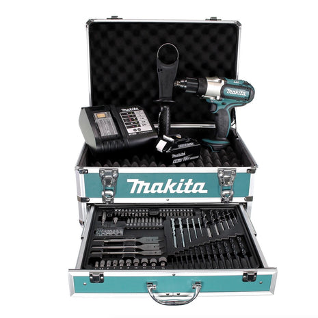 Makita DDF 451 STX4 Akku Bohrschrauber 18V 80Nm + 1x Akku 5,0Ah + Ladegerät + 70tlg. Bit Bohrer Set + Koffer