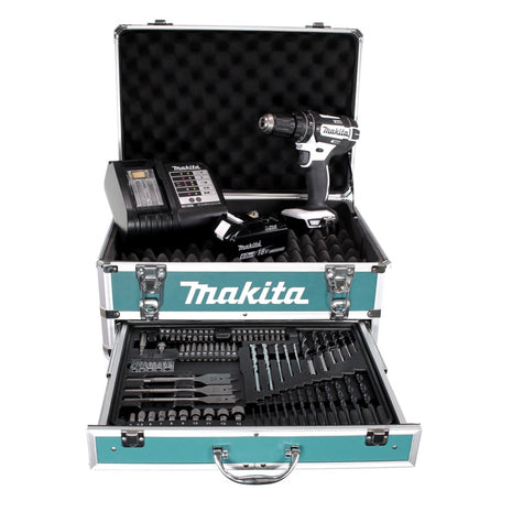 Perceuse à percussion sans fil Makita DHP 482 W SGX4 18 V 62 Nm + 1x batterie 6,0 Ah + chargeur + 70 pièces. Coffret forets + coffret