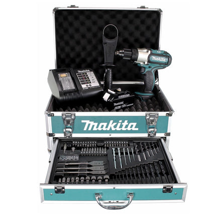 Taladro atornillador inalámbrico Makita DDF 451 SGX4 18 V 80 Nm + 1x batería 6,0 Ah + cargador + 70 piezas. Juego de brocas + estuche
