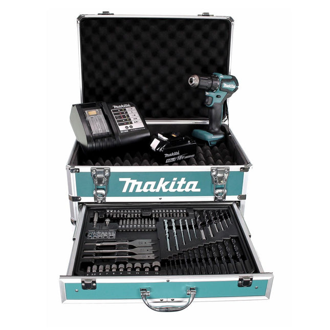 Makita DDF 483 STX4 Akku Bohrschrauber 18V 40Nm Brushless + 1x Akku 5,0Ah + Ladegerät + 70tlg. Bit Bohrer Set + Koffer