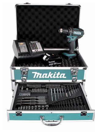 Perceuse-visseuse sans fil Makita DDF 482 SMX4 18 V 62 Nm + 1x batterie 4,0 Ah + chargeur + 70 pièces. Coffret forets + coffret