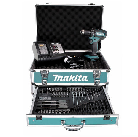 Taladro atornillador inalámbrico Makita DDF 482 SMX4 18 V 62 Nm + 1x batería 4,0 Ah + cargador + 70 piezas. Juego de brocas + estuche