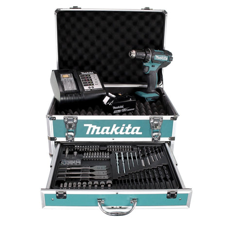 Taladro atornillador inalámbrico Makita DDF 482 STX4 18 V 62 Nm + 1x batería 5,0 Ah + cargador + 70 piezas. Juego de brocas + estuche