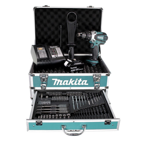 Taladro percutor inalámbrico Makita DHP 458 SFX4 18 V 91Nm + 1x batería 3,0Ah + cargador + 70 piezas. Juego de brocas + estuche