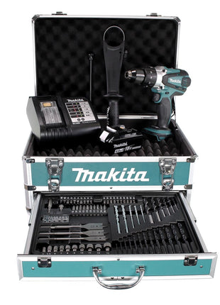 Taladro percutor inalámbrico Makita DHP 458 SMX4 18 V 91Nm + 1x batería 4,0Ah + cargador + 70 piezas. Juego de brocas + estuche