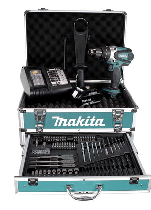 Makita DHP 458 STX4 Akku Schlagbohrschrauber 18V 91Nm + 1x Akku 5,0Ah + Ladegerät + 70tlg. Bit Bohrer Set + Koffer