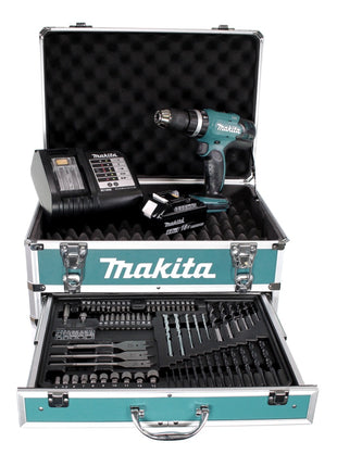 Taladro percutor inalámbrico Makita DHP 453 SGX4 18 V 42Nm + 1x batería 6,0Ah + cargador + 70 piezas. Juego de brocas + estuche