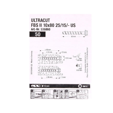 Vis à béton Fischer ULTRACUT FBS II 10x80mm 25/15/- 50 pièces tête hexagonale SW15 (536860) + Makita NEMESIS 2 SDS-Plus 10x215mm (B-58213)