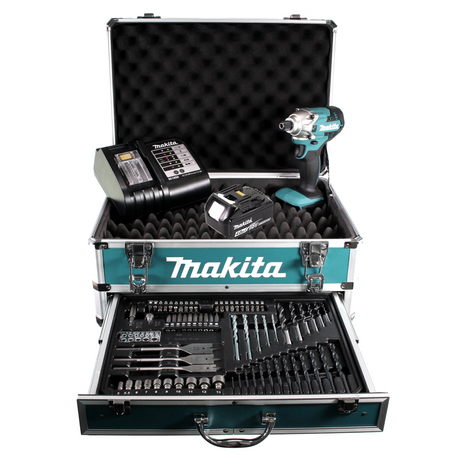 Llave de impacto a batería Makita DTD 156 SM1X4 18V 155Nm + 1x batería 4,0Ah + cargador + juego de brocas de 70 piezas + maletín de herramientas de aluminio X4 con inserto universal