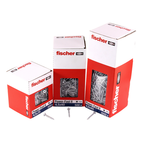 Fischer Power-Fast II FPF II tornillos para aglomerado 4,5x35 mm 200 piezas (670258) cabeza avellanada con rosca completa Torx, galvanizado, pasivado azul