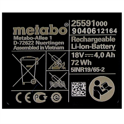 Juego de baterías Metabo 2x Li-Power 18 V 4,0 Ah CAS Li-Ion batería ( 2x 625591000 ) con indicador del nivel de carga