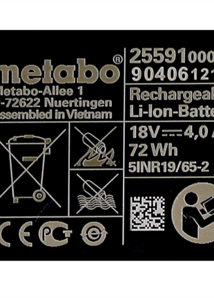 Juego de baterías Metabo 4x Li-Power batería 18 V 4,0 Ah CAS Li-Ion (4x 625591000) con indicador de nivel de carga