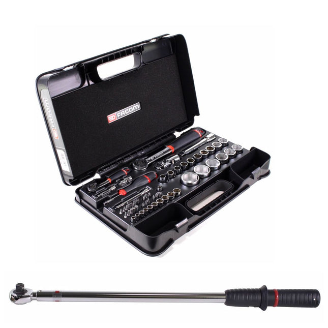 Juego Facom llave dinamométrica 1/2" 60 - 340Nm (P.208-340) + juego de 55 llaves de vaso 1/4" + 1/2" (RS.161-2)