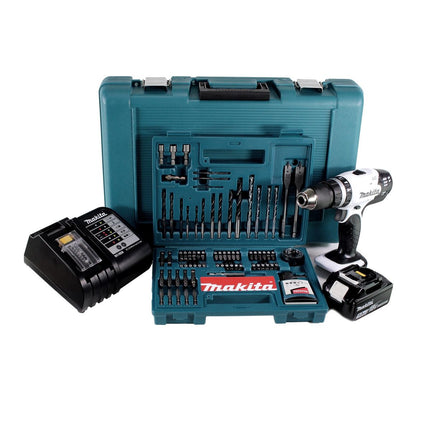 Makita DHP 453 STTK W Trapano avvitatore con percussione a batteria bianco 18V / 42Nm + 1x Batteria 5,0 Ah + Caricatore + Set di punte da 100 pezzi