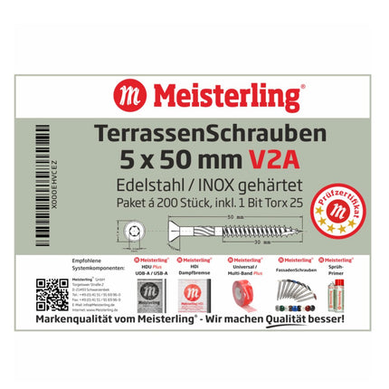 Meisterling Viti per terrazze 5x50 mm - 200 pezzi ( 010010000201 ) Punta CUT 90° lente a testa svasata con filettatura grossa Torx 2/3 acciaio inossidabile V2A