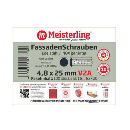Meisterling Vis de façade 4,8x25 mm - 100 pièces (010020000011) tête plate 12 mm anthracite + Filetage partiel Torx en acier inoxydable V2A