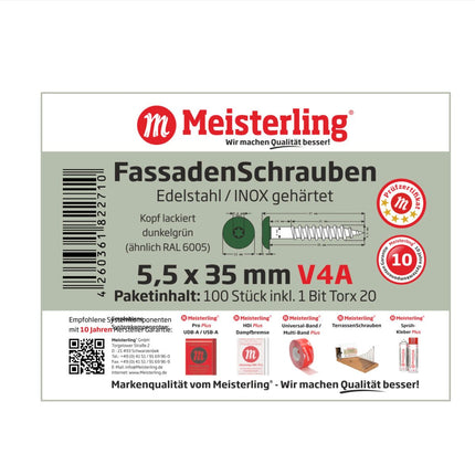 Meisterling Vite per facciate 5,5x35 mm, 100 pz. ( 010030000141 ) - Testa piatta da 12mm, verde scuro, filettatura parziale Torx, in acciaio inossidabile V4A