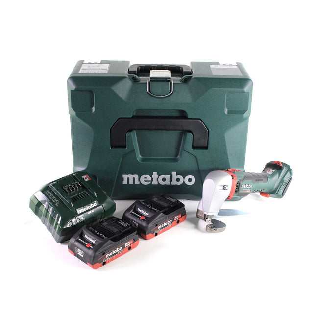 Tijeras de hojalata para batería Metabo SCV 18 LTX BL 1.6 18 V sin escobillas + 2 baterías LiHD 4,0 Ah + cargador + MetaLoc