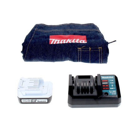 Juego Makita serie DK 14004 G con taladro atornillador inalámbrico DF 347 D 14,4 V + tijeras para césped UM 165 D + 1 batería de 1,3 Ah + cargador + delantal de trabajo