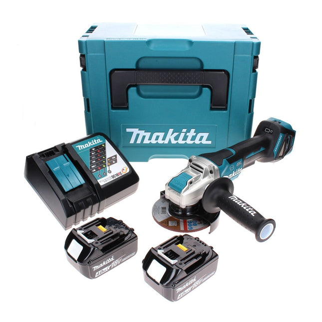 Amoladora angular sin cable Makita DGA 519 RMJ 18 V 125 mm Brushless X-Lock + 2x batería 4.0 Ah + cargador + Makpac