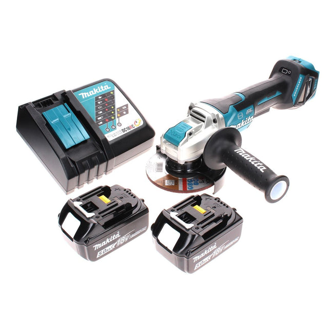 Amoladora angular sin cable Makita DGA 519 RT 18 V 125 mm Brushless X-Lock + 2x batería recargable 5,0 Ah + cargador
