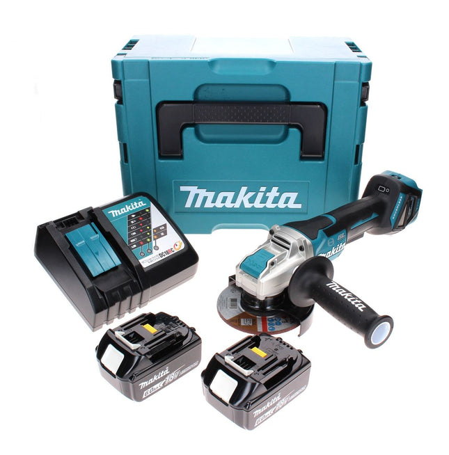 Amoladora angular sin cable Makita DGA 519 RGJ 18 V 125 mm Brushless X-Lock + 2x batería recargable 6,0 Ah + cargador + Makpac
