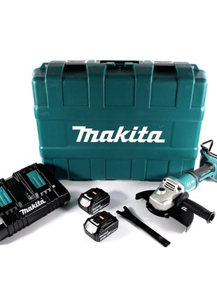 Amoladora angular a batería Makita DGA 900 PTK 36 V (2x 18 V) 230 mm sin escobillas + 2x batería 5,0 Ah + cargador doble + maletín