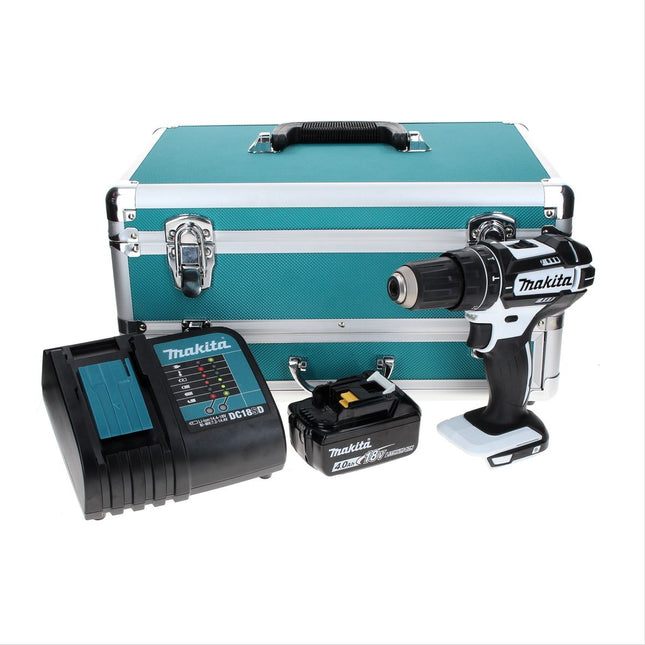 Makita DHP 482 SM1TX W Trapano avvitatore con percussione a batteria 18 V 62 Nm bianco + 1x Batteria 4,0 Ah + Caricabatterie + Set 70 punte + Valigetta in alluminio TX