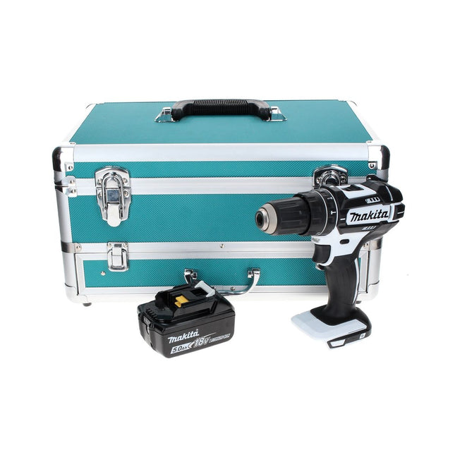 Makita DHP 482 T1TX W Trapano avvitatore con percussione a batteria 18 V 62 Nm bianco + 1x Batteria 5,0 Ah + Set 70 punte + Valigetta in alluminio TX - senza caricabatterie
