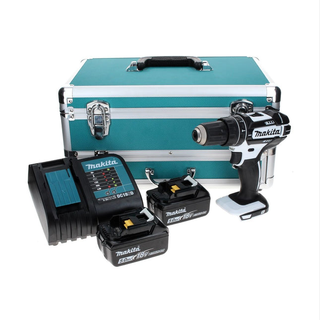 Makita DHP 482 STTX W Trapano avvitatore con percussione a batteria 18 V 62 Nm bianco + 2x Batterie 5,0 Ah + Caricabatterie + Set 70 punte + Valigetta in alluminio TX