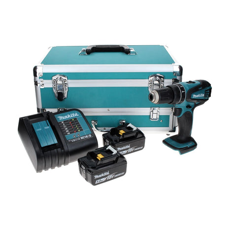 Taladro percutor inalámbrico Makita DHP 456 STTX 18 V 50 Nm + 2x baterías 5,0 Ah + cargador + juego de brocas de 70 piezas + maletín de aluminio TX