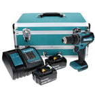 Taladro percutor a batería Makita DHP 485 SFTX 18 V 50 Nm sin escobillas + 2x baterías 3,0 Ah + cargador + juego de brocas de 70 piezas + maletín de aluminio TX