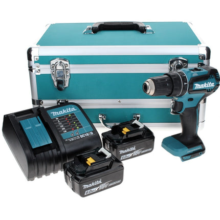 Taladro percutor a batería Makita DHP 485 SGTX 18 V 50 Nm sin escobillas + 2x baterías 6,0 Ah + cargador + juego de brocas de 70 piezas + maletín de aluminio TX