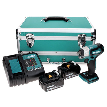 Makita DTW 180 SFTX Clé à chocs sans fil 18 V 180 Nm 3/8" sans balais + 2 batteries 3,0 Ah + chargeur + jeu de 70 forets + coffret en aluminium TX