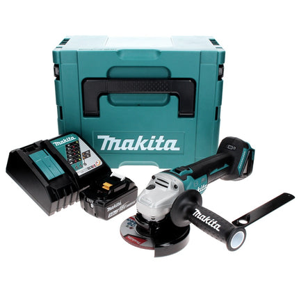 Amoladora angular sin cable Makita DGA 506 RT1J 18 V 125 mm sin escobillas + 1x batería recargable 5,0 Ah + cargador + Makpac