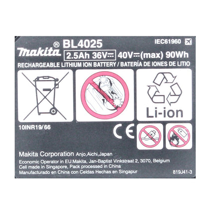 Batería Makita BL 4025 40 V máx. 2,5 Ah XGT Li-Ion ( 191B36-3 ) clase de protección IP64 con pantalla LED