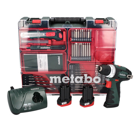 Metabo Power Maxx BS Trapano avvitatore a batteria 10,8 V 34 Nm in valigetta da trasporto + 2x Batterie 2,0Ah + Caricabatterie + Set di punte da foratura 64 ( 600080880 )