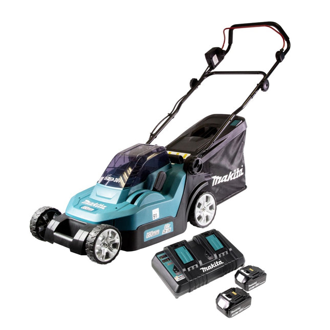 Cortacésped sin cable Makita DLM 432 PF2 36 V ( 2x 18 V ) 43 cm sin cepillos + 2x batería 3.0 Ah + cargador doble