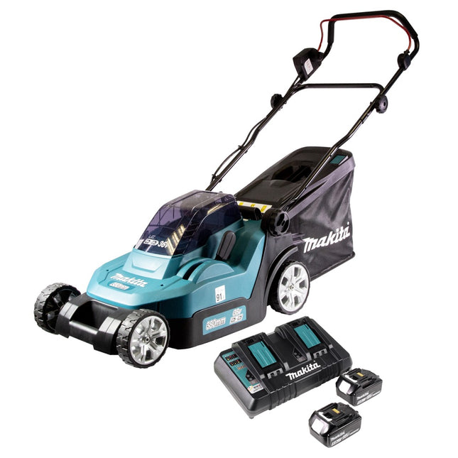 Cortacésped sin cable Makita DLM 432 PT2 36 V ( 2x 18 V ) 43 cm Sin escobillas + 2x Baterías 5.0 Ah + Cargador Dual