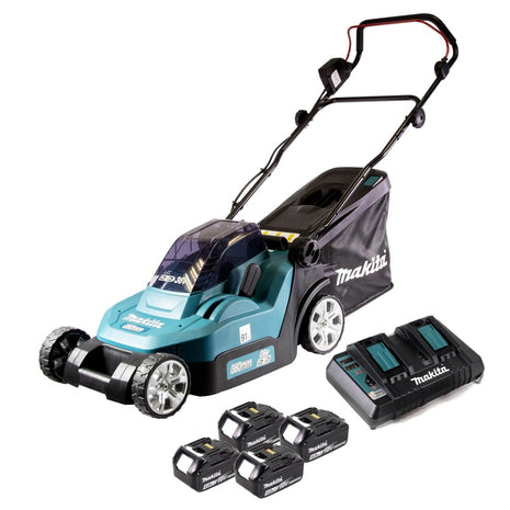 Makita DLM 382 PM4 cordless lawn mower 36 V ( 2x 18 V ) 38 cm 40 l + 4x battery 4.0 Ah + double charger