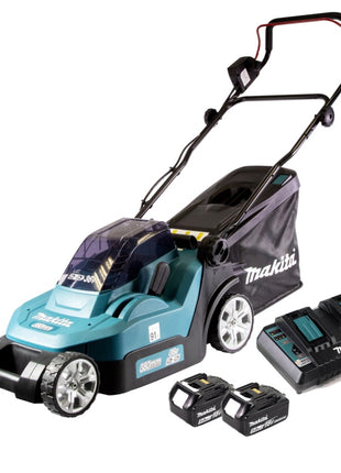 Makita DLM 382 PT2 Rasaerba a batteria 36V ( 2x 18V ) / 38 cm / 40 l + 2x Batterie 5,0 Ah + Caricabatterie doppio