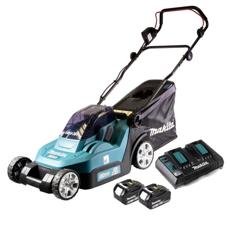 Makita DLM 382 PT2 Rasaerba a batteria 36V ( 2x 18V ) / 38 cm / 40 l + 2x Batterie 5,0 Ah + Caricabatterie doppio