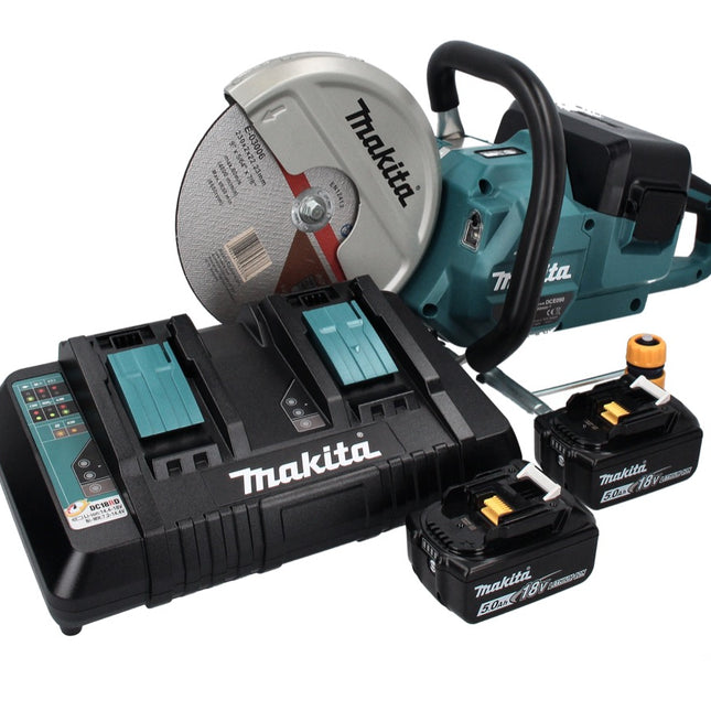 Makita DCE 090 PT2X1 amoladora de corte a batería 36 V (2x 18 V) 230 mm sin escobillas + 2x batería 5,0 Ah + doble cargador