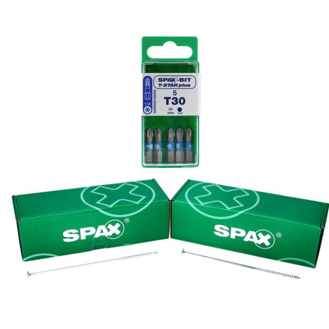 SPAX Set BIT T-STAR plus T30 - 6,4 x 25 mm, 5 Stk. ( 5000009182309 ) + HI.FORCE Tellerkopf Schraube 6,0 x 200 mm 50 Stk. ( 0251010602005 )