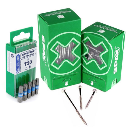 SPAX Set BIT T-STAR plus T30 - 6,4 x 25 mm, 5 Stk. ( 5000009182309 ) + HI.FORCE Tellerkopfschraube 6,0 x 180 mm 100 Stk. ( 0251010601805 )