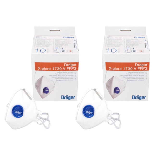 Dräger X-plore 1730 V FFP3 NR D media mascarilla 20 piezas (2x 3951088) Mascarilla respiratoria con filtrado de partículas FFP3 tamaño universal con válvula CoolMAX