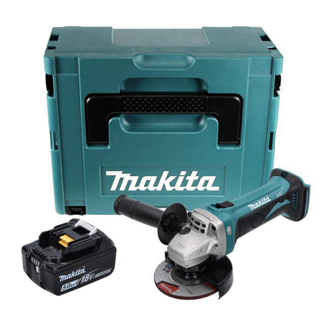 Amoladora angular sin cable Makita DGA 452 T1J 18 V 115 mm + 1x batería recargable 5,0 Ah + Makpac - sin cargador