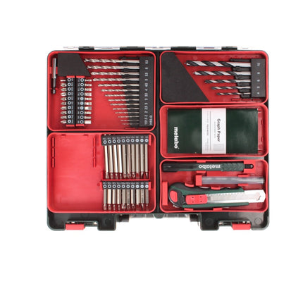 Metabo PowerMaxx BS Basic Set Perceuse-visseuse sans fil 10,8 V 34 Nm ( 600080880 ) + 2x batterie 2,0 Ah + chargeur + 64 pces set de forets à embouts + 1x masque FFP2 + coffret