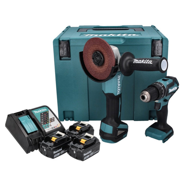 Makita DLX 2334 J kit combinado sin cable 18 V con DHP 485 50 Nm sin escobillas + DGA 504 125 mm sin escobillas + 3x batería recargable 3.0 Ah + cargador + Makpac