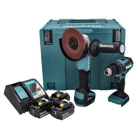 Makita DLX 2334 J cordless combo kit 18 V with DHP 485 50 Nm brushless + DGA 504 125 mm brushless + 3x rechargeable battery 3.0 Ah + charger + Makpac